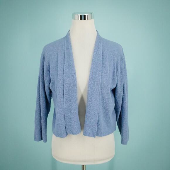 Eileen Fisher Size Large L Blue Long Sleeve Crop Boxy Wool Cardigan Sweater - Picture 1 of 6